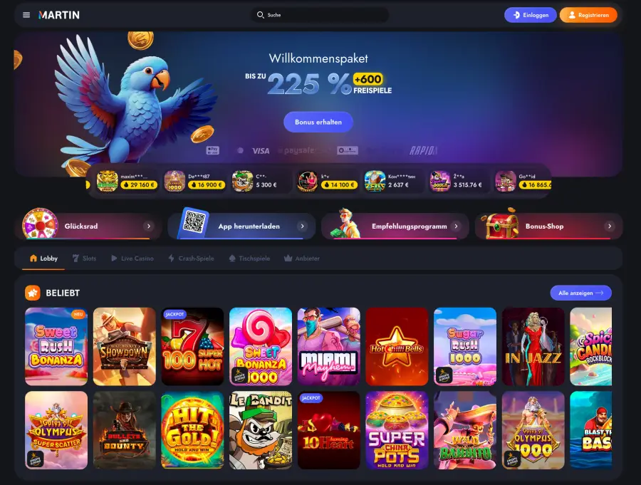 Gestaltung der Martin Casino Website