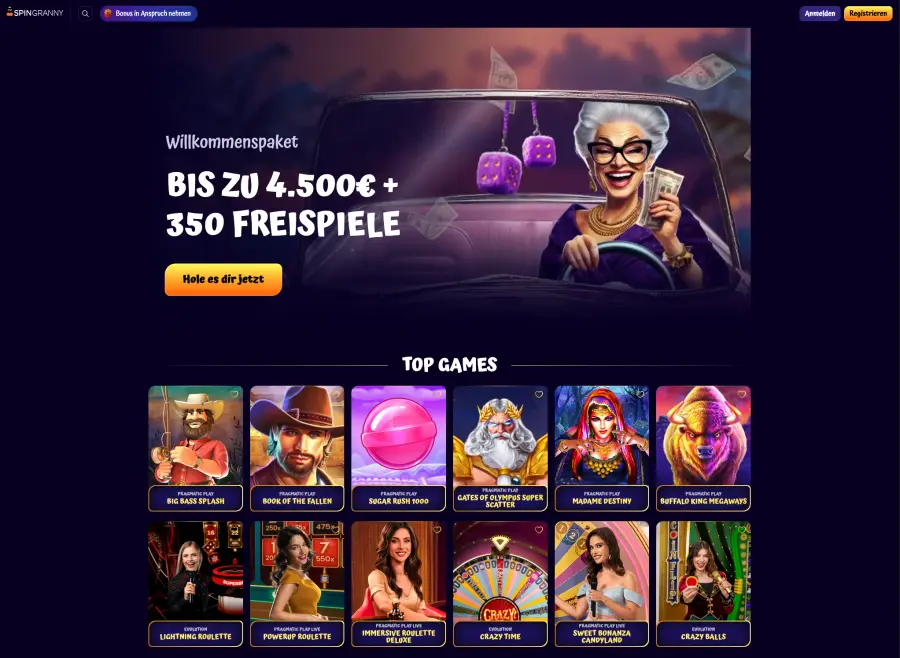 Startseite des SpinGranny Casino